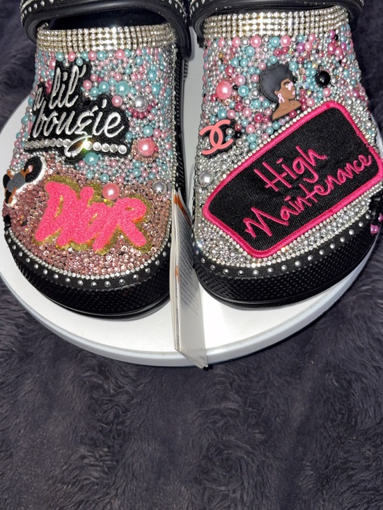 CROCS Shoes - CROCS Black Embellished Mules with Pink & Silver Accents